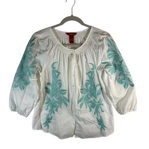Sundance Womens White Cotton Embroidered Peasant Blouse Aqua Floral Smocked S